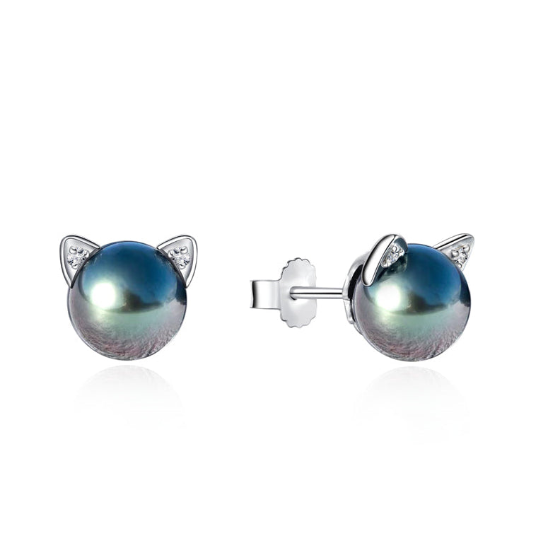 Boucles d'Oreilles Chat Perle de Tahiti Argent S925
