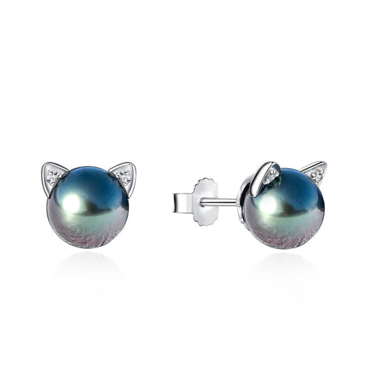 Boucles d'Oreilles Chat Perle de Tahiti Argent S925