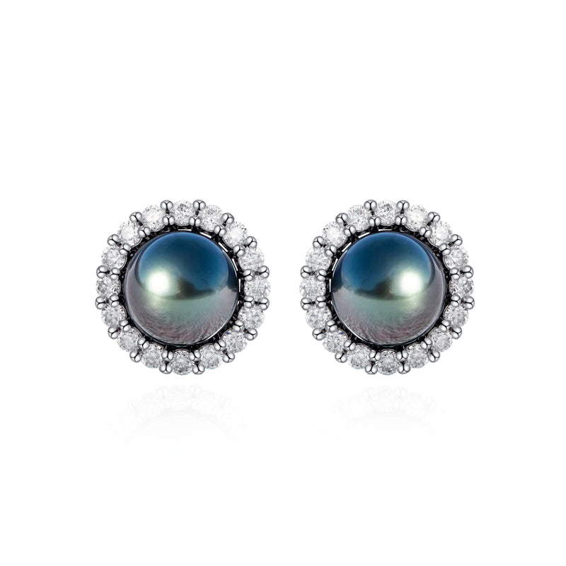 Boucles d'Oreilles Perle de Tahiti Noire Diamant Moissanite Argent 925