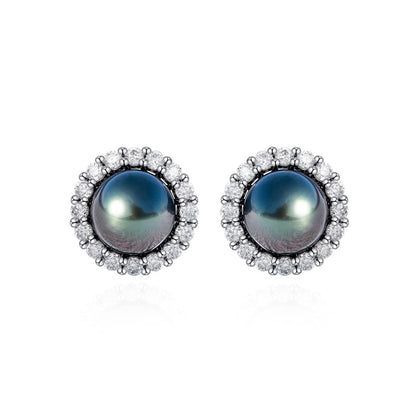 Boucles d'Oreilles Perle de Tahiti Noire Diamant Moissanite Argent 925