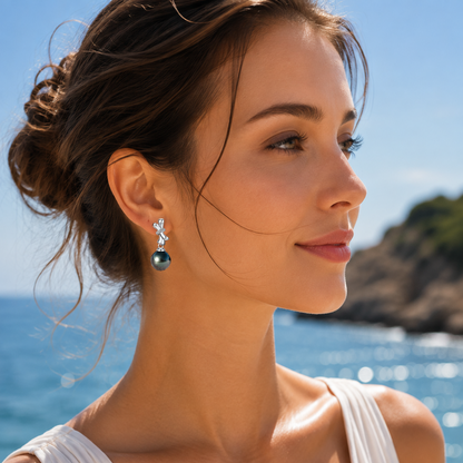 Boucles d'Oreilles Perle Noire Tahiti Argent 925 Moissanite