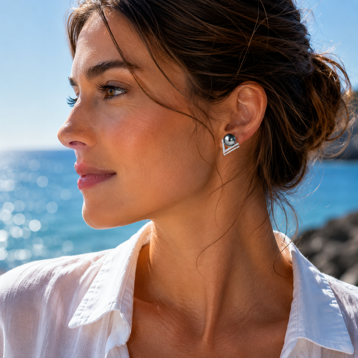 Boucles d'Oreilles Perle de Tahiti Argent & Moissanites