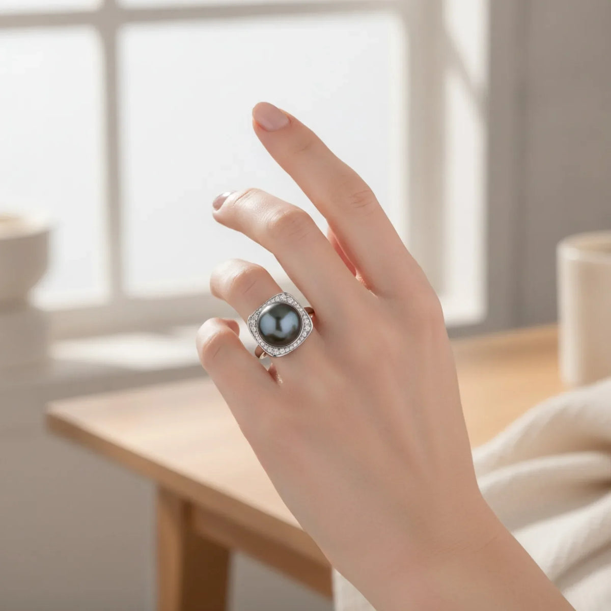 Bague Argent Perle de Tahiti Noire & Diamants Moissanites