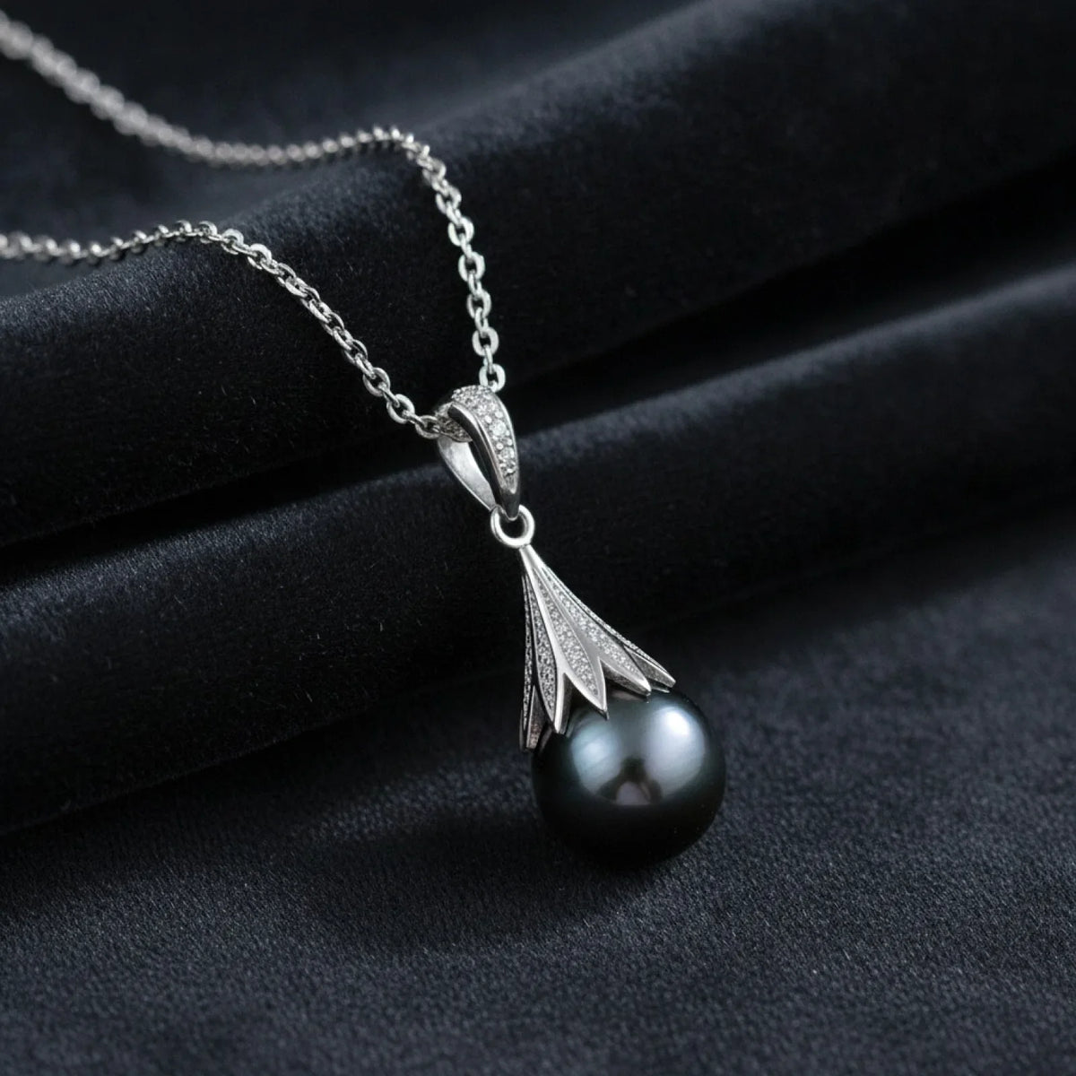 Collier Argent Feuille Perle de Tahiti Moissanite