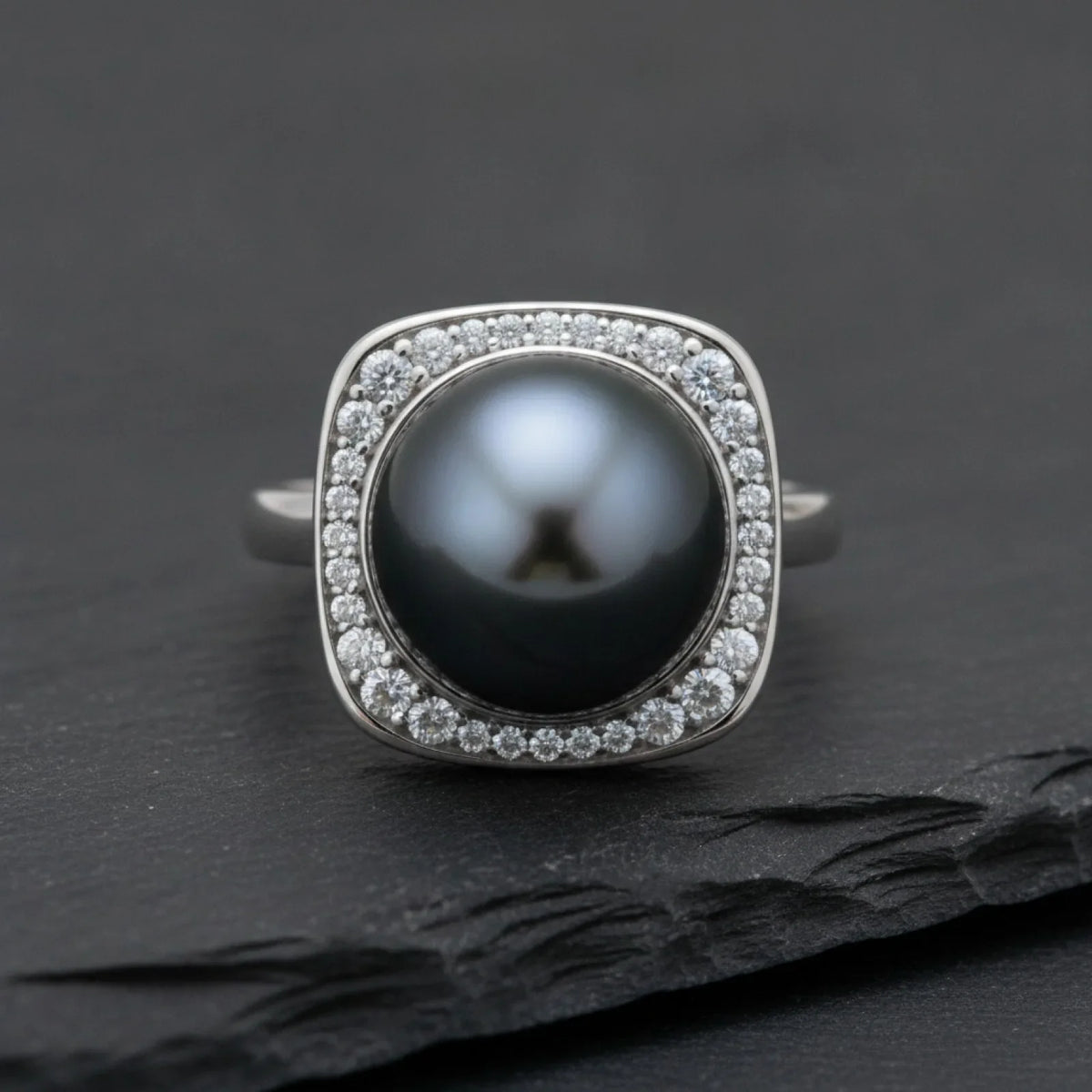 Bague Argent Perle de Tahiti Noire & Diamants Moissanites