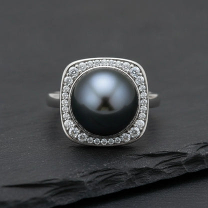 Bague Argent Perle de Tahiti Noire & Diamants Moissanites