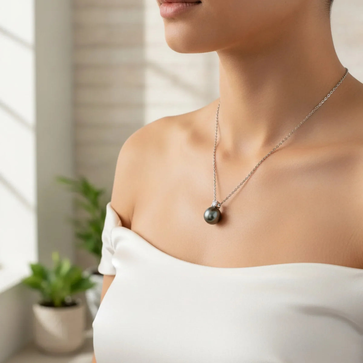 Sautoir Perle de Tahiti Or Blanc Moissanite