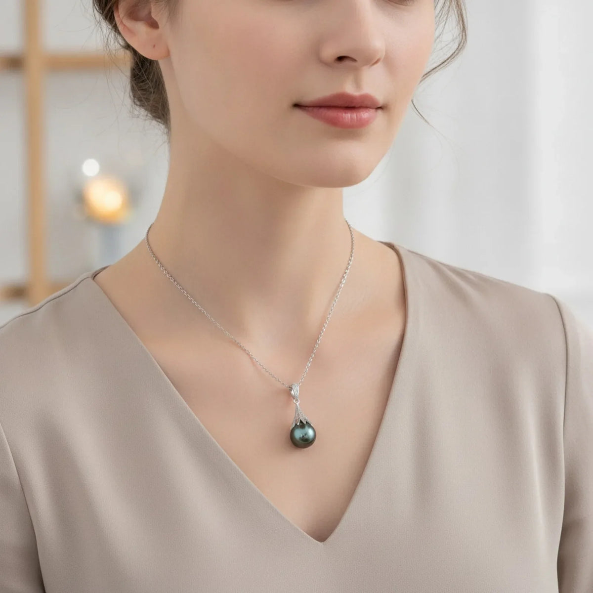 Collier Argent Feuille Perle de Tahiti Moissanite