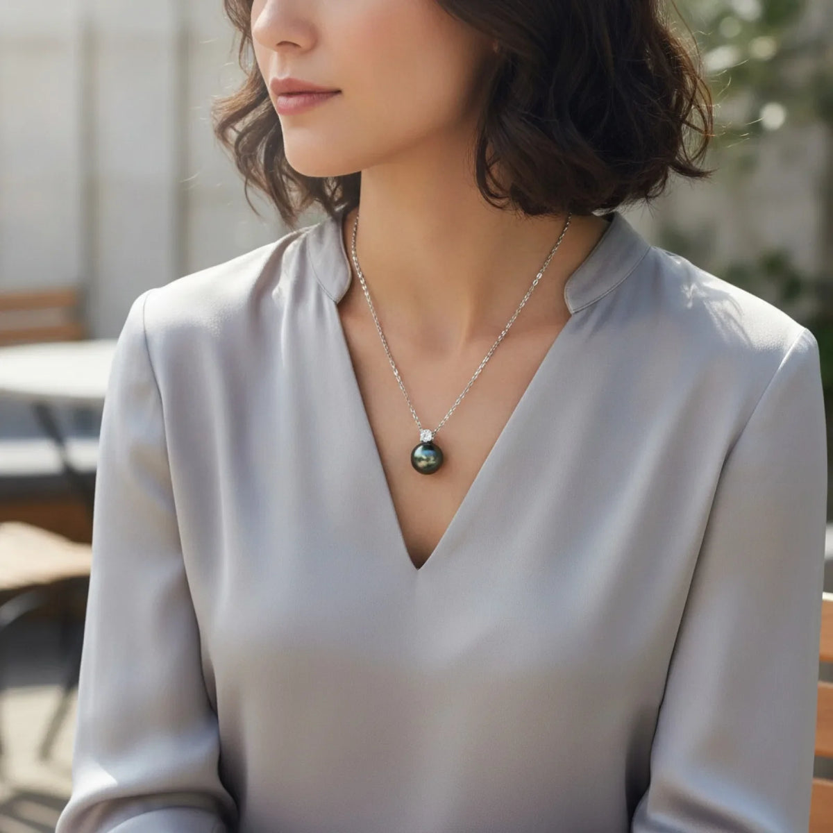 Sautoir Perle de Tahiti Or Blanc Moissanite