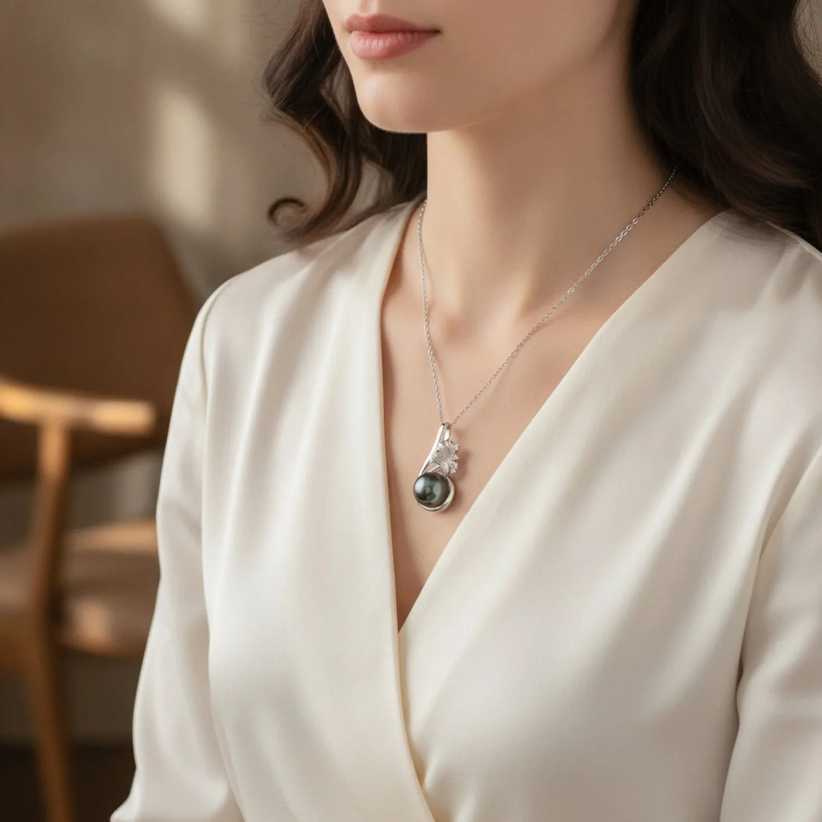 Pendentif Perle de Tahiti Argent S925 Moissanites Florales