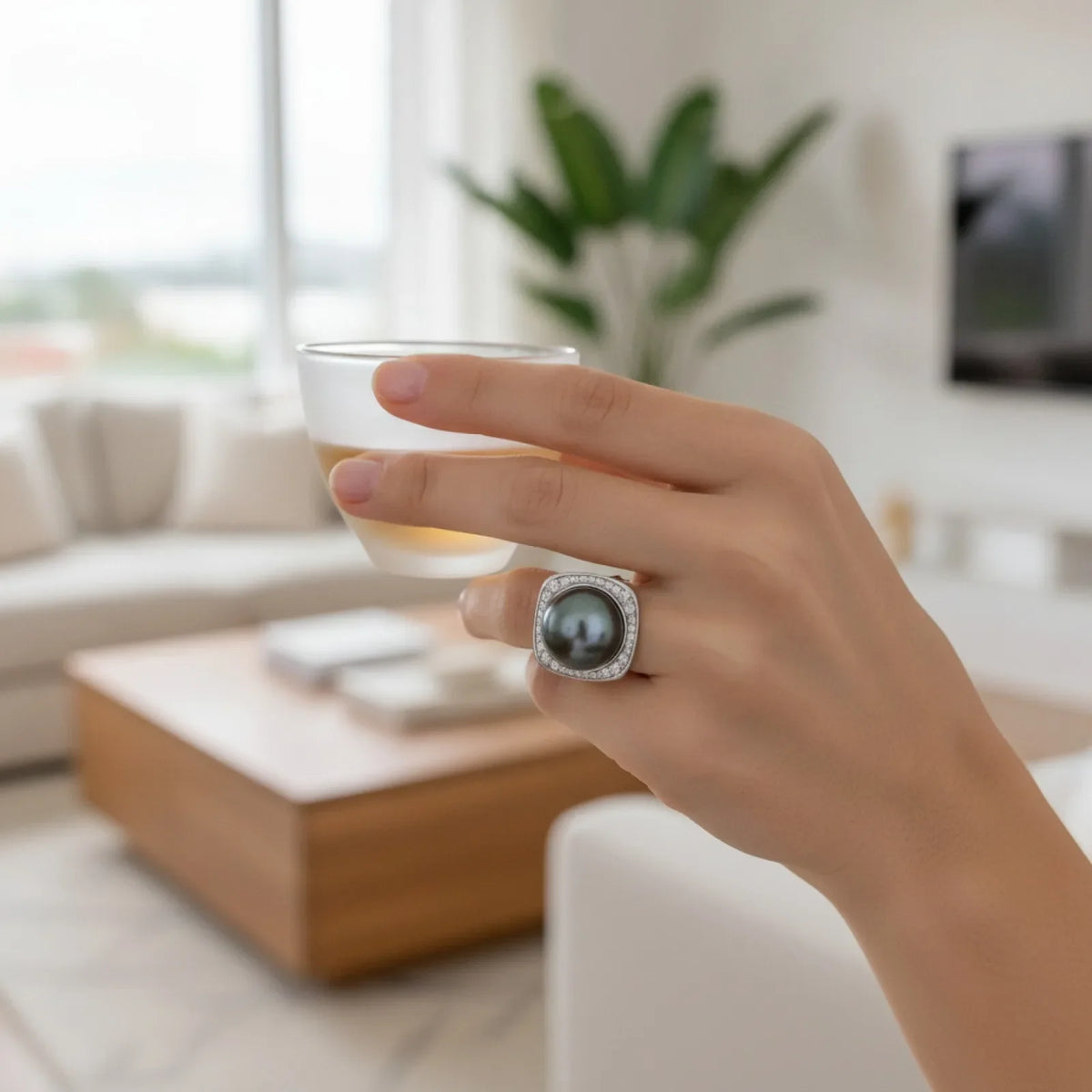 Bague Argent Perle de Tahiti Noire & Diamants Moissanites